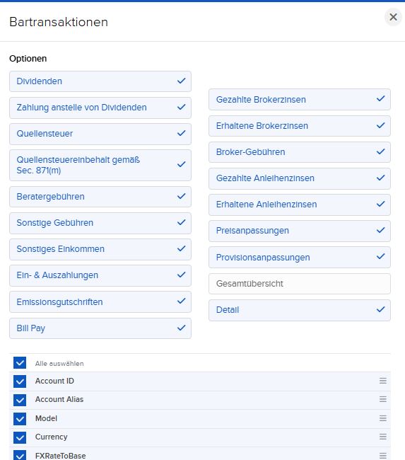 VICTAR Flex Query einfach erstellen in 6 Schritten 8 VICTAR FlexQuery Abschnitt Cash Transaktionen