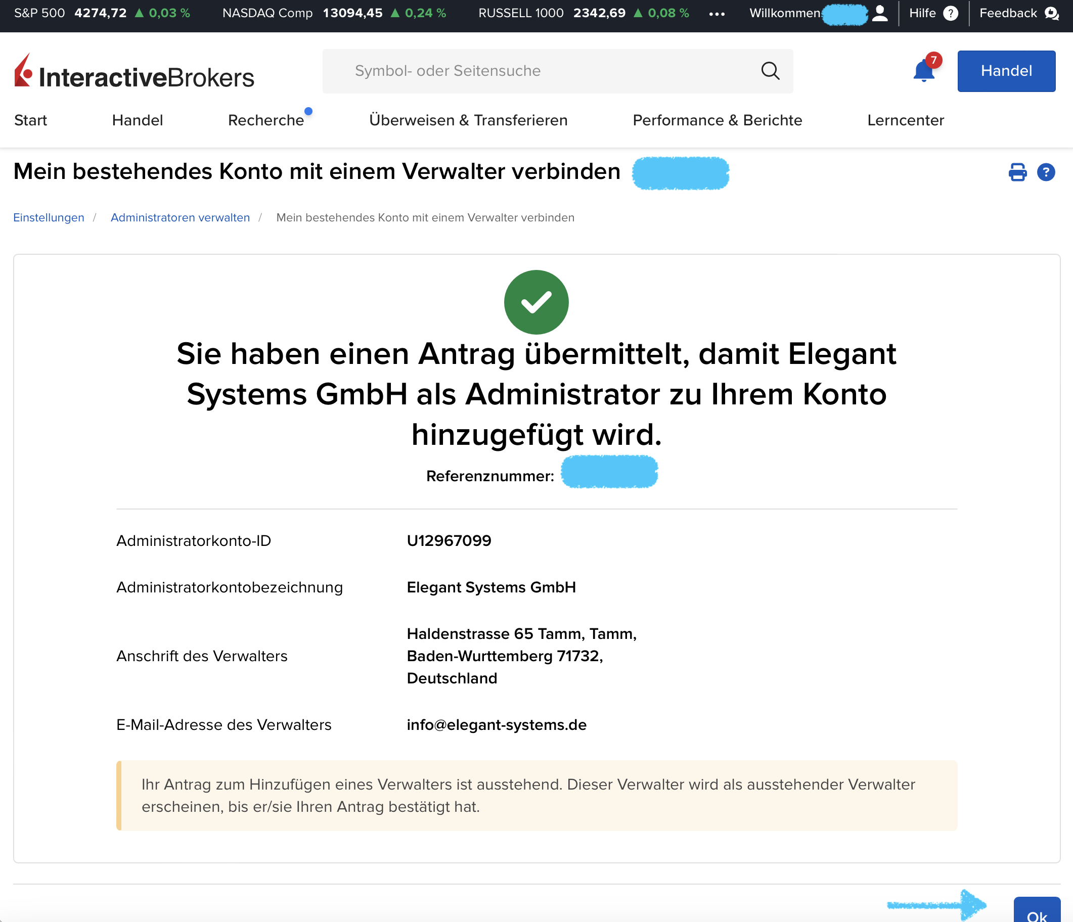 Premium Service einrichten 7 IB Administrator Administrator Konto ID verbinden Antrag uebermittelt