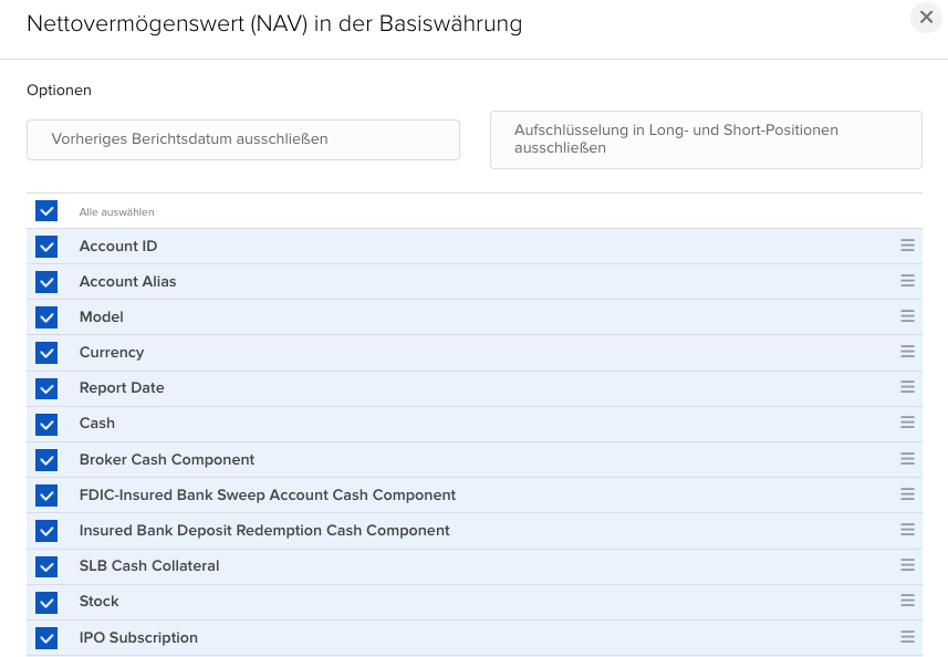 Nettovermögenswert (NAV) in der Basiswährung FlexQuery für VICTAR Veränderung des NAV
