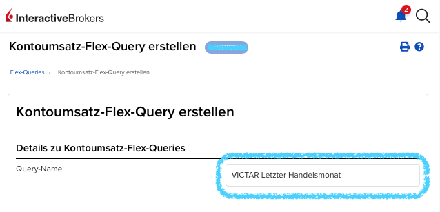 VICTAR Flex Query einfach erstellen in 6 Schritten 2 Namen für VICTAR Flex Query eingeben