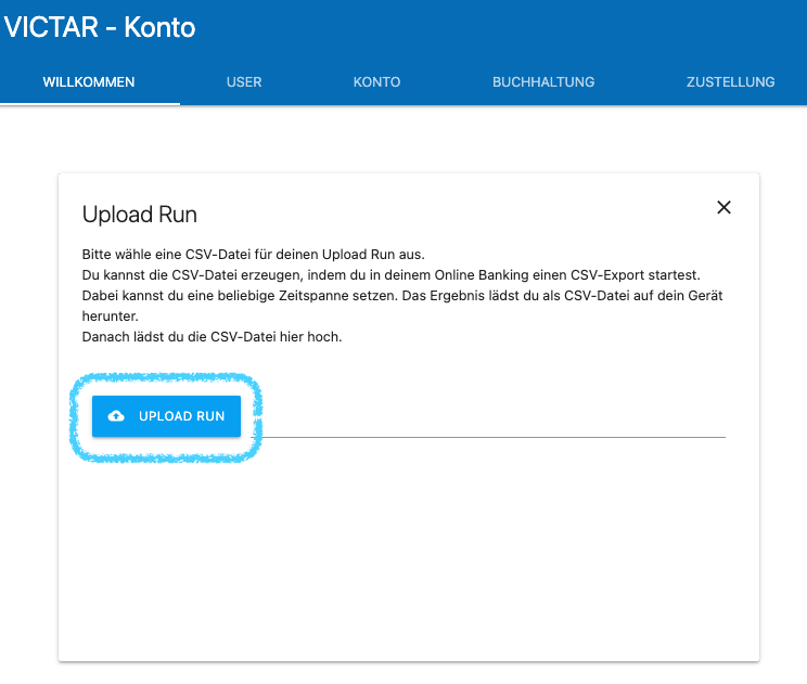 VICTAR Giro Willkommen Upload Button CSV Auswaehlen